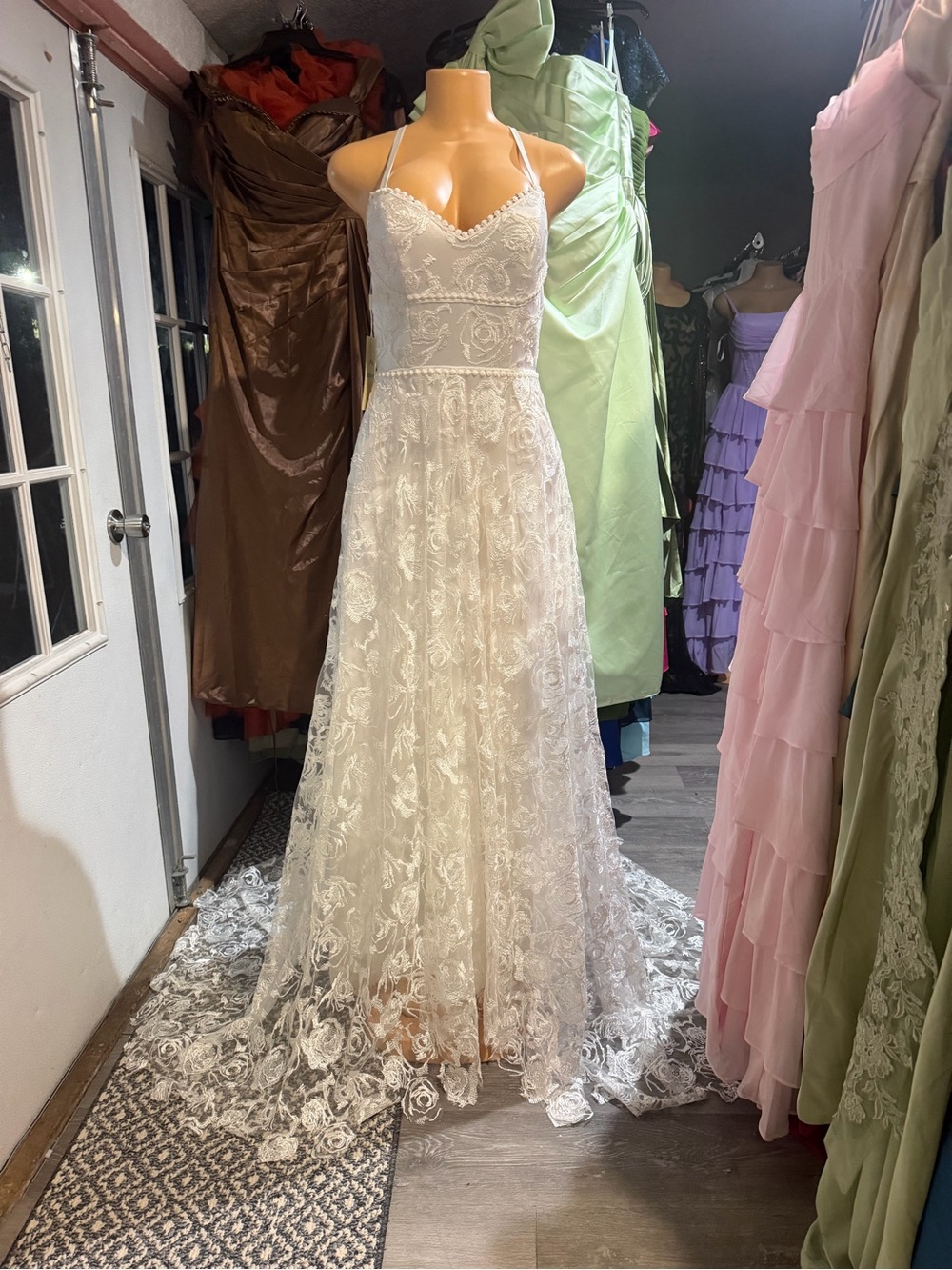 Lace Spaghetti-Strap Bridal Gown in White